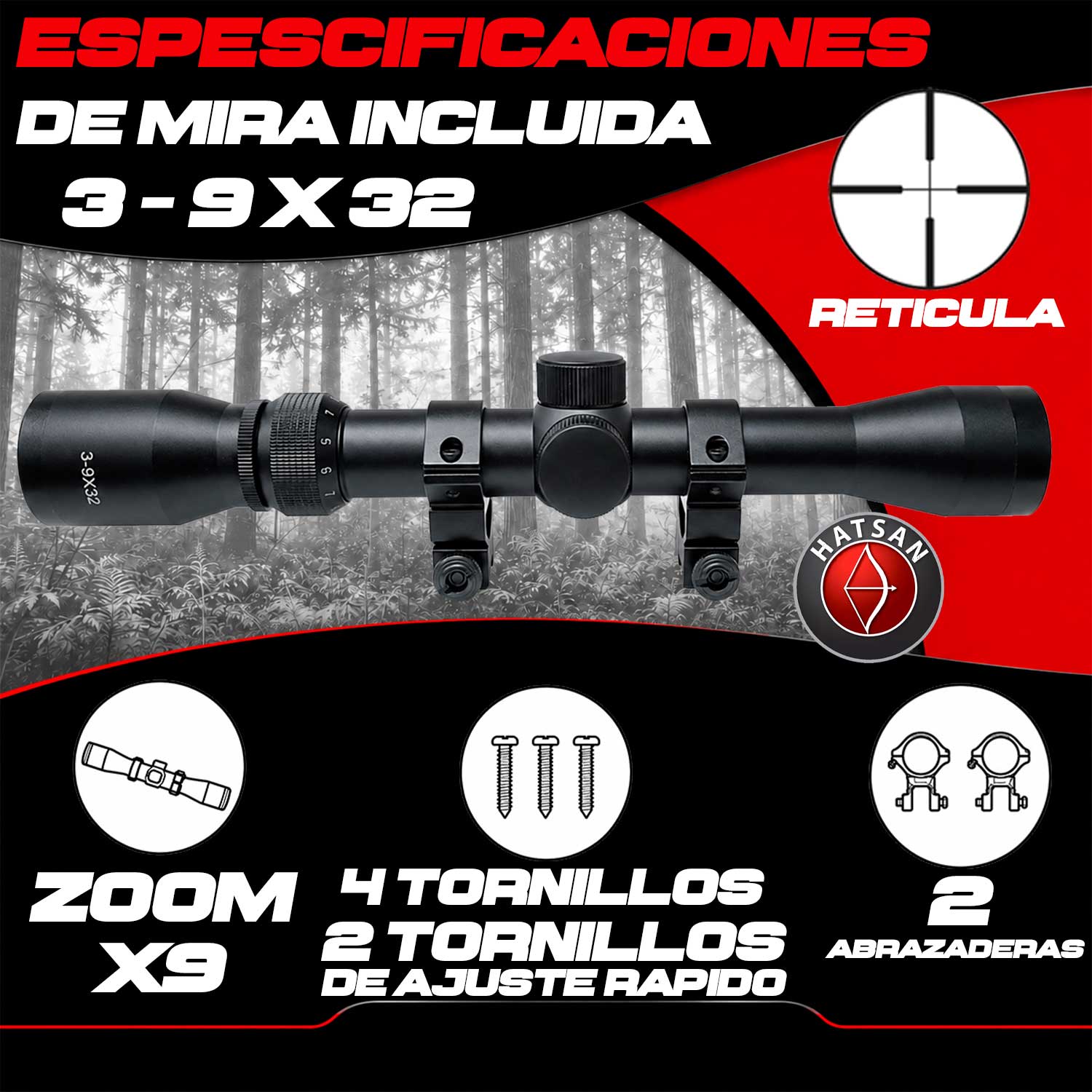 Se muestra el Rifle Hatsan Edge en una imagen tipo ficha técnica, destacando calibre .25 / 6 mm, velocidad de 650 FPS, peso, medidas, fibra óptica y mira 3-9x32.