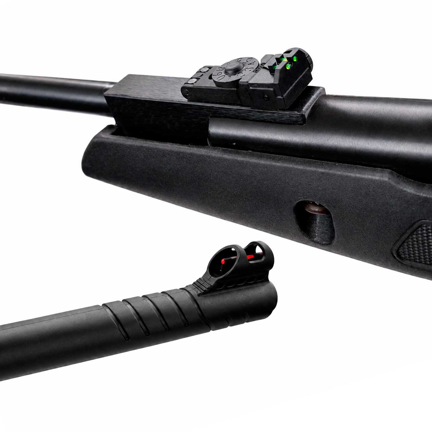 Se muestra el Rifle Hatsan Edge en una imagen tipo ficha técnica, destacando calibre .25 / 6 mm, velocidad de 650 FPS, peso, medidas, fibra óptica.