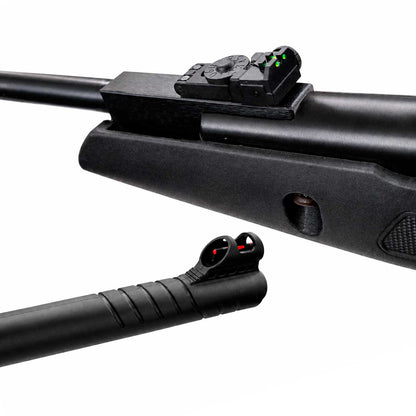 Se muestra el Rifle Hatsan Edge en una imagen tipo ficha técnica, destacando calibre .25 / 6 mm, velocidad de 650 FPS, peso, medidas, fibra óptica.