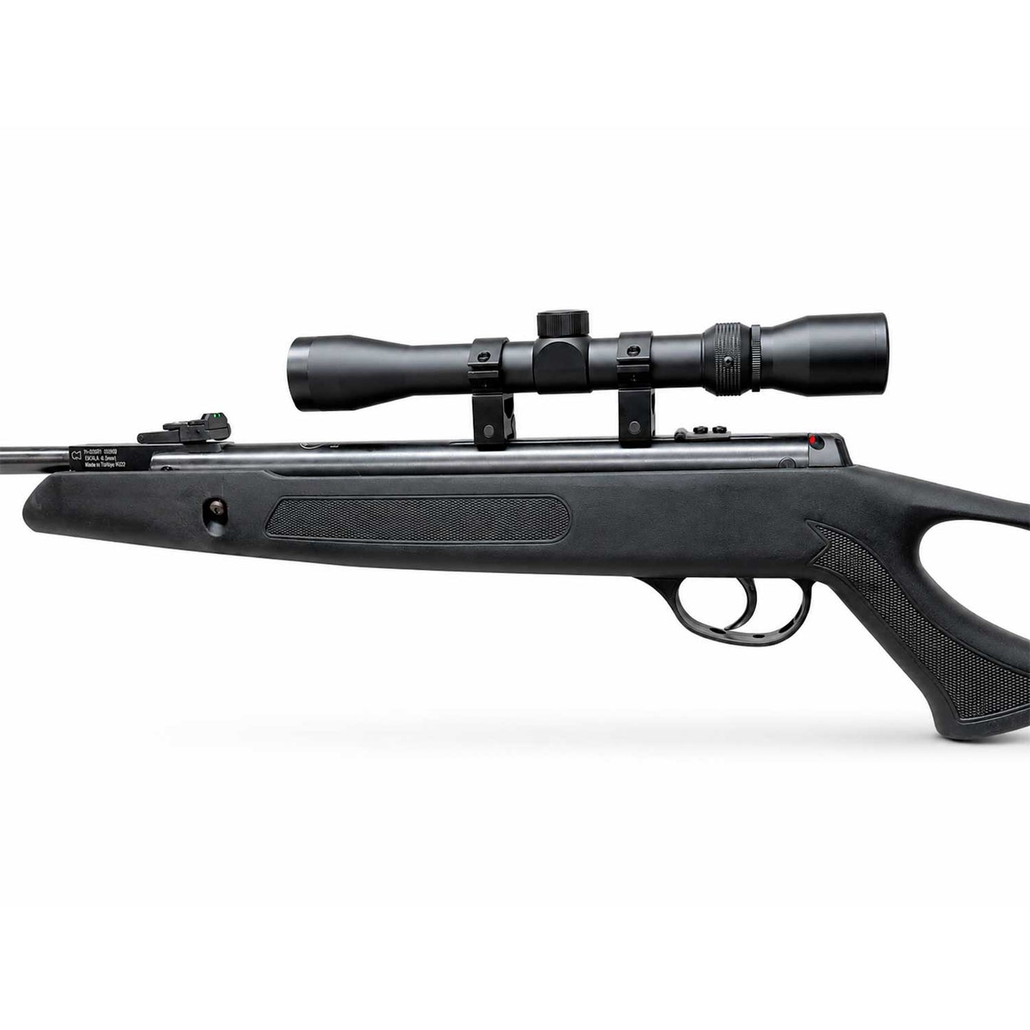 Se muestra el Rifle Hatsan Edge en una imagen tipo ficha técnica, destacando calibre .25 / 6 mm, velocidad de 650 FPS, peso, medidas, fibra óptica y mira 3-9x32.