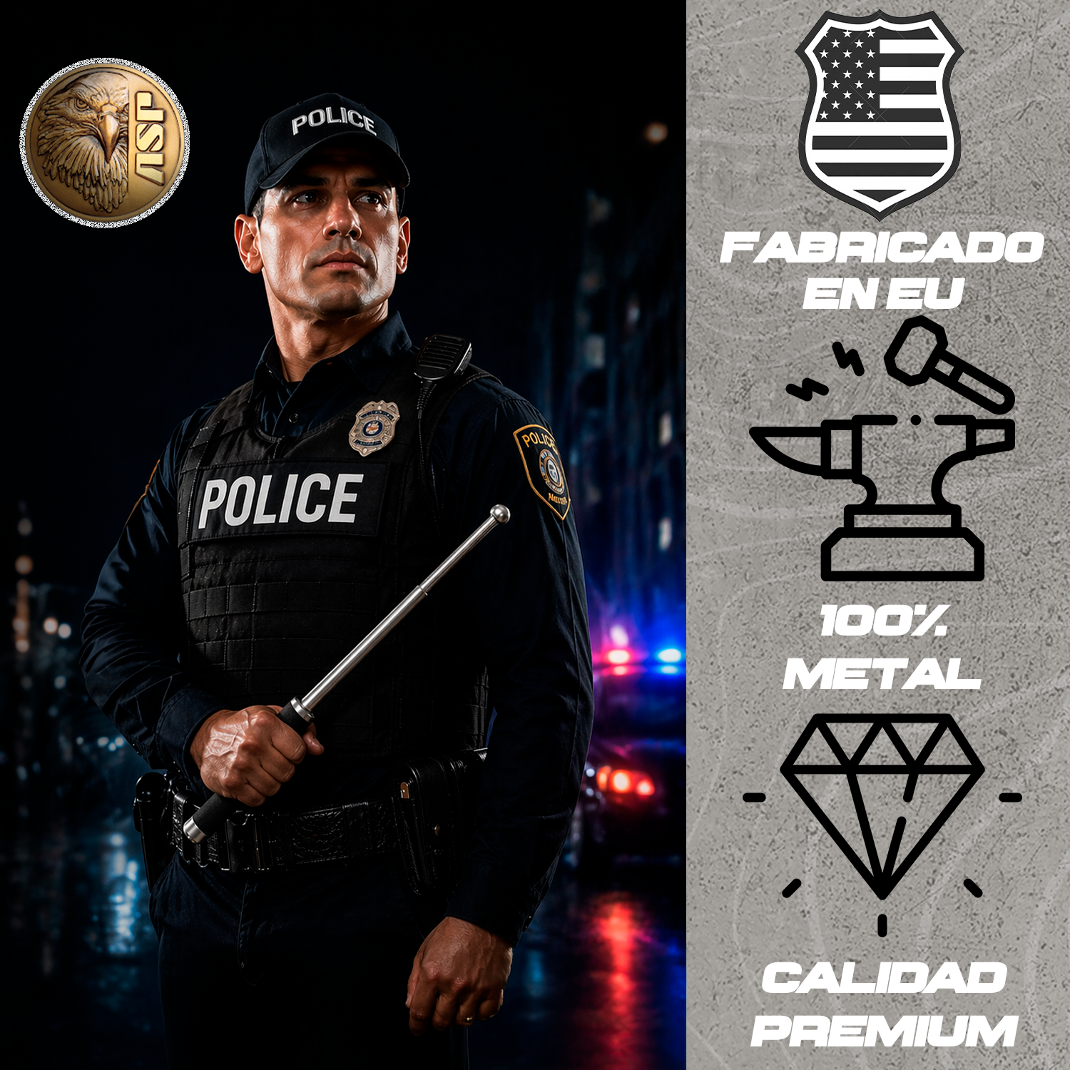 Se muestra bastón retráctil ASP de 21 pulgadas en manos de un modelo en posición táctica, resaltando su funcionalidad profesional.