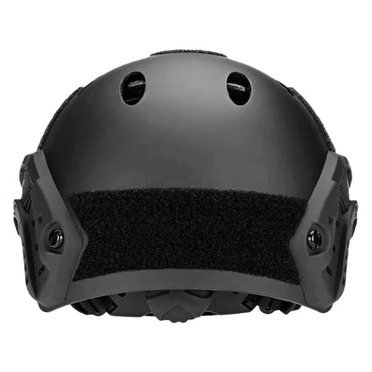 Parte trasera del Casco Táctito Fast de Polímero Ligero Porta Accesorios negro con velcro para personalización. Accesorio militar para Airsoft.