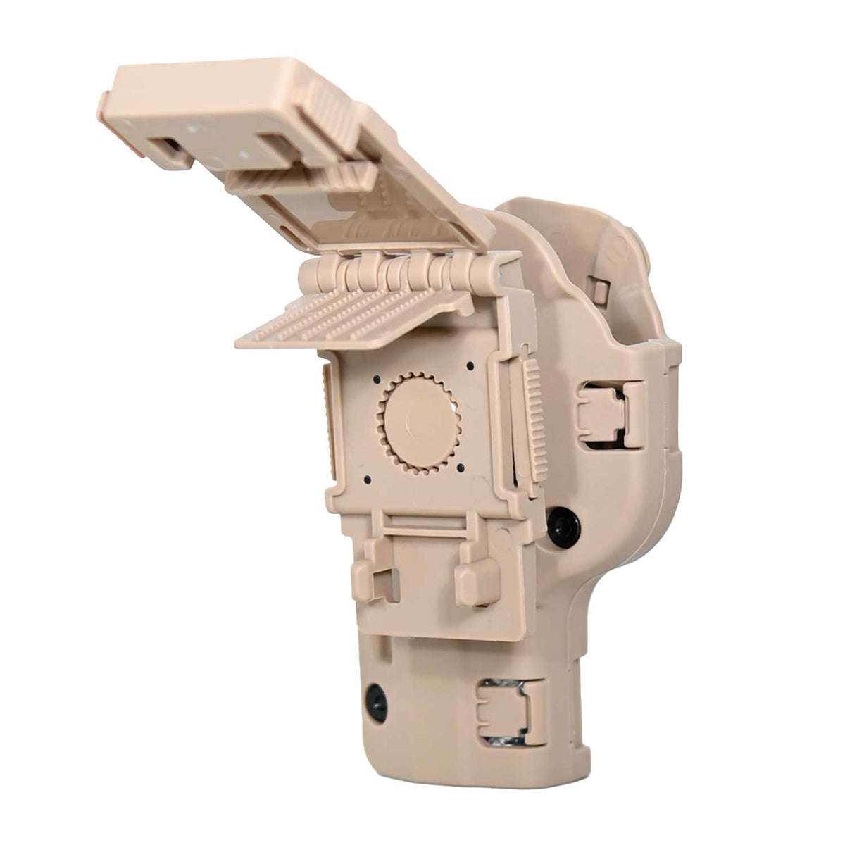 Se muestra la FUNDA PARA PISTOLA GLOCK 17 con detalle del ajuste para cinturón y su sistema de montaje.