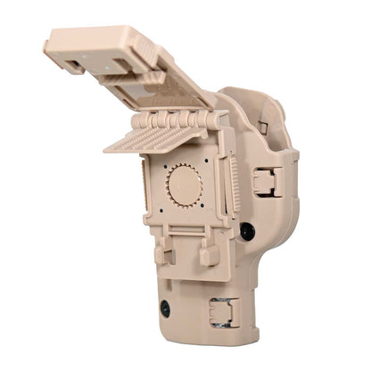 Se muestra la FUNDA PARA PISTOLA GLOCK 17 con detalle del ajuste para cinturón y su sistema de montaje.