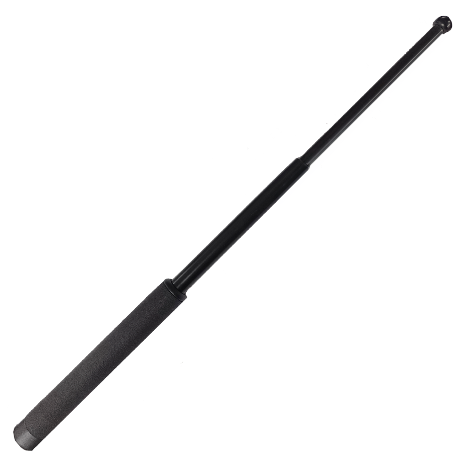 Se muestra bastón retráctil ASP de 21 pulgadas completamente extendido, resaltando su alcance, estructura metálica y diseño profesional.