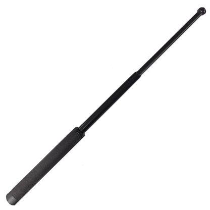 Se muestra bastón retráctil ASP de 21 pulgadas completamente extendido, resaltando su alcance, estructura metálica y diseño profesional.