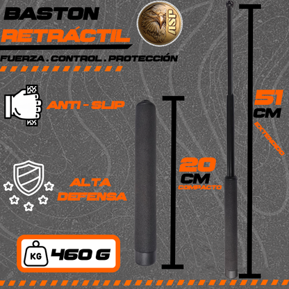 Se muestra bastón retráctil ASP de 21 pulgadas destacando su peso aproximado de 460 g, ofreciendo balance perfecto entre fuerza y manejo.