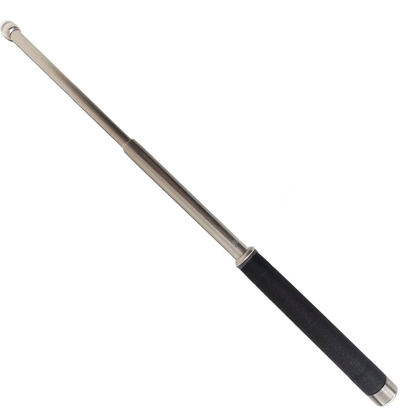 Se muestra bastón retráctil ASP de 21 pulgadas completamente extendido, resaltando su alcance, estructura metálica y diseño profesional.