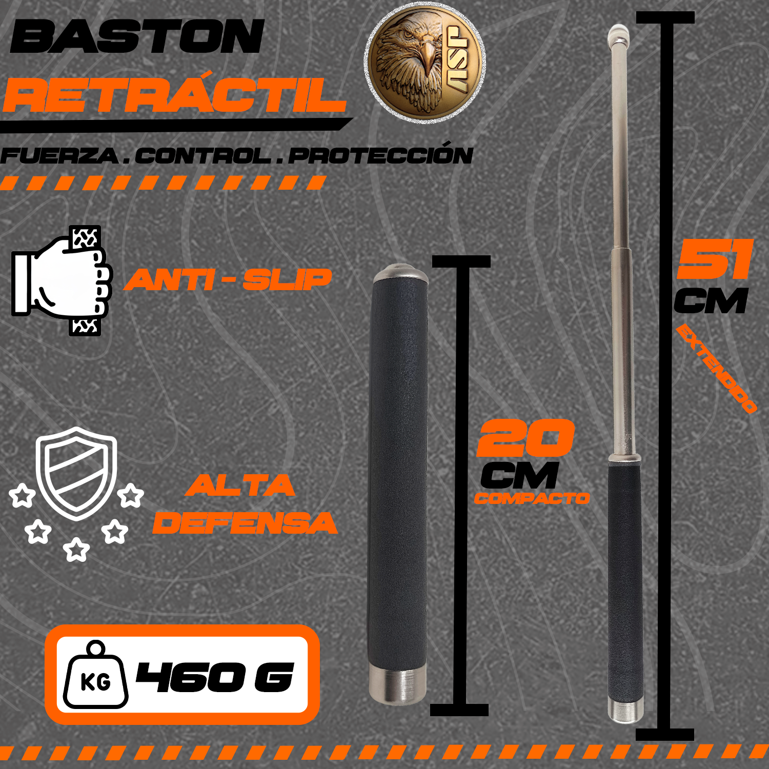 Se muestra bastón retráctil ASP de 21 pulgadas destacando su peso aproximado de 460 g, ofreciendo balance perfecto entre fuerza y manejo.
