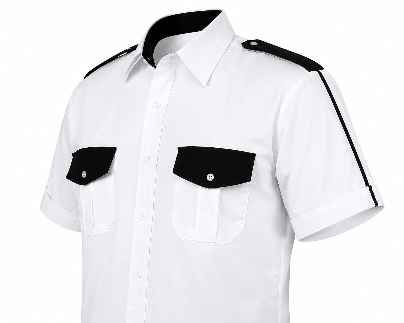 Se muestra camisa manga corta de seguridad privada en foto de perfil, ideal para observar su caída, corte y estilo profesional.
