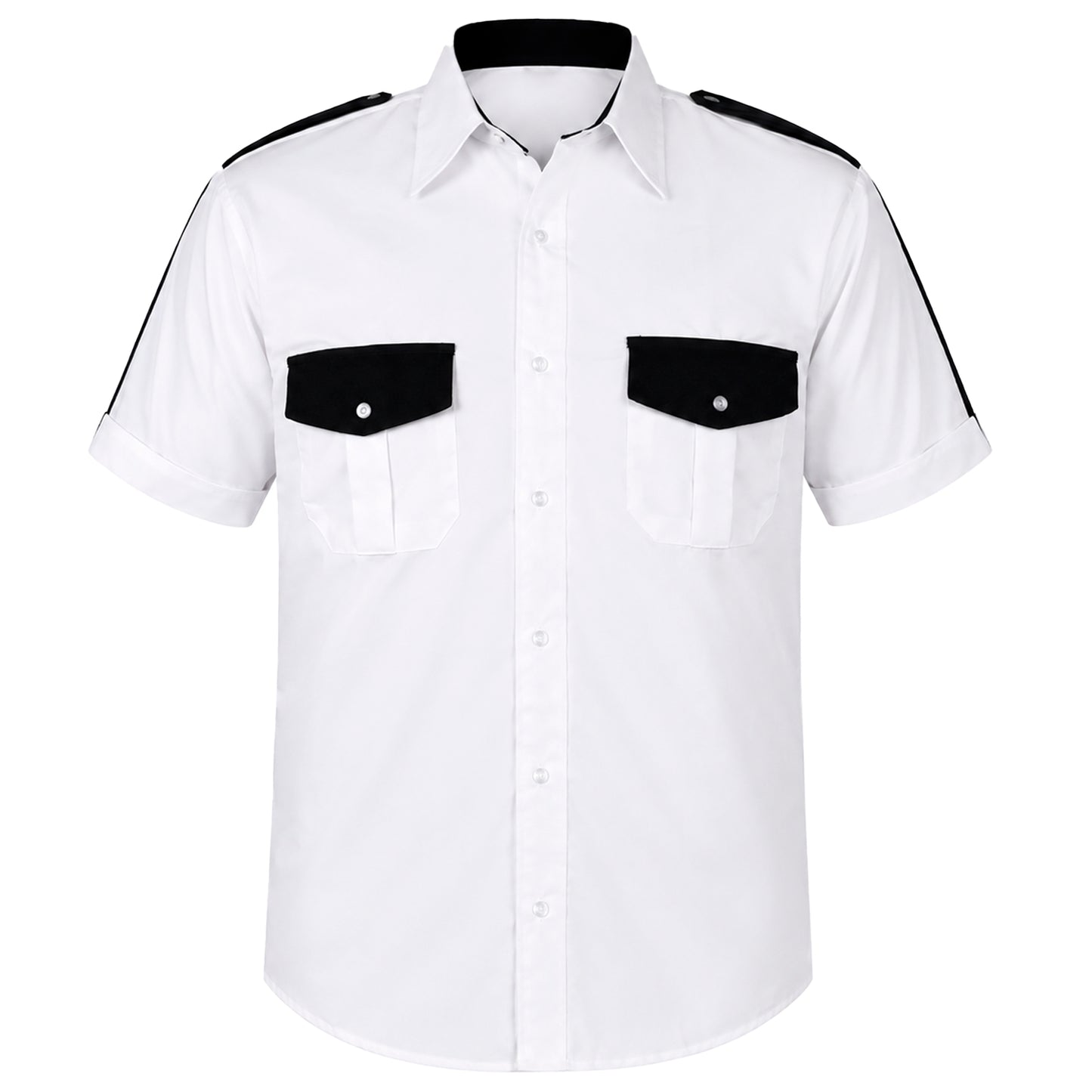 Se muestra camisa manga corta de seguridad privada en vista frontal, destacando su diseño profesional en color blanco con detalles negros.