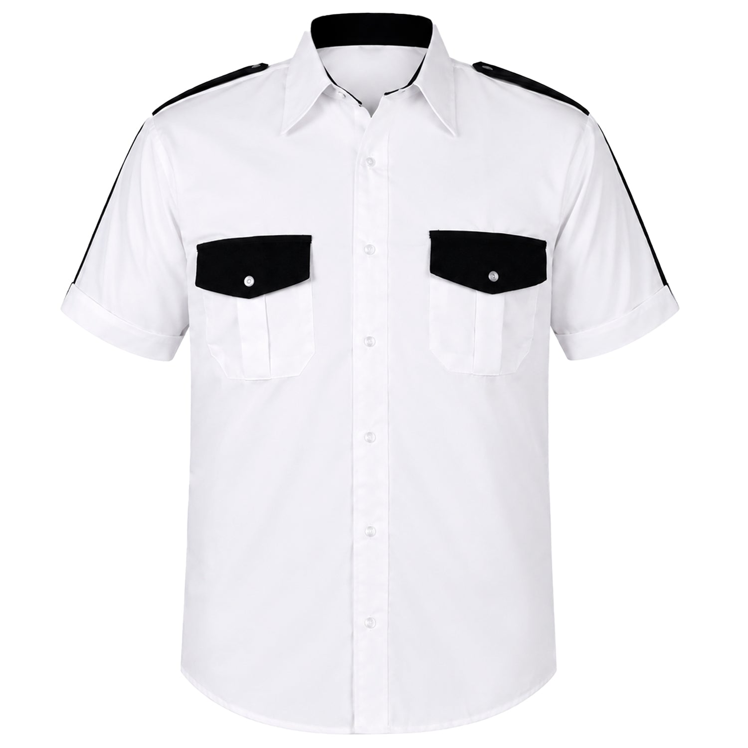 Se muestra camisa manga corta de seguridad privada en vista frontal, destacando su diseño profesional en color blanco con detalles negros.