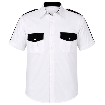 Se muestra camisa manga corta de seguridad privada en vista frontal, destacando su diseño profesional en color blanco con detalles negros.