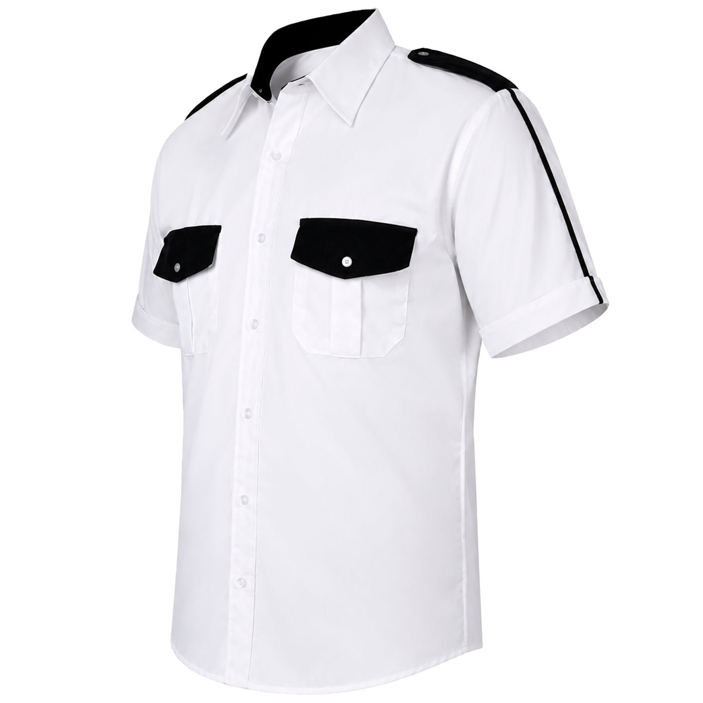 Se muestra camisa manga corta de seguridad privada en vista lateral izquierda, resaltando el ajuste de la prenda y las franjas negras en la manga.
