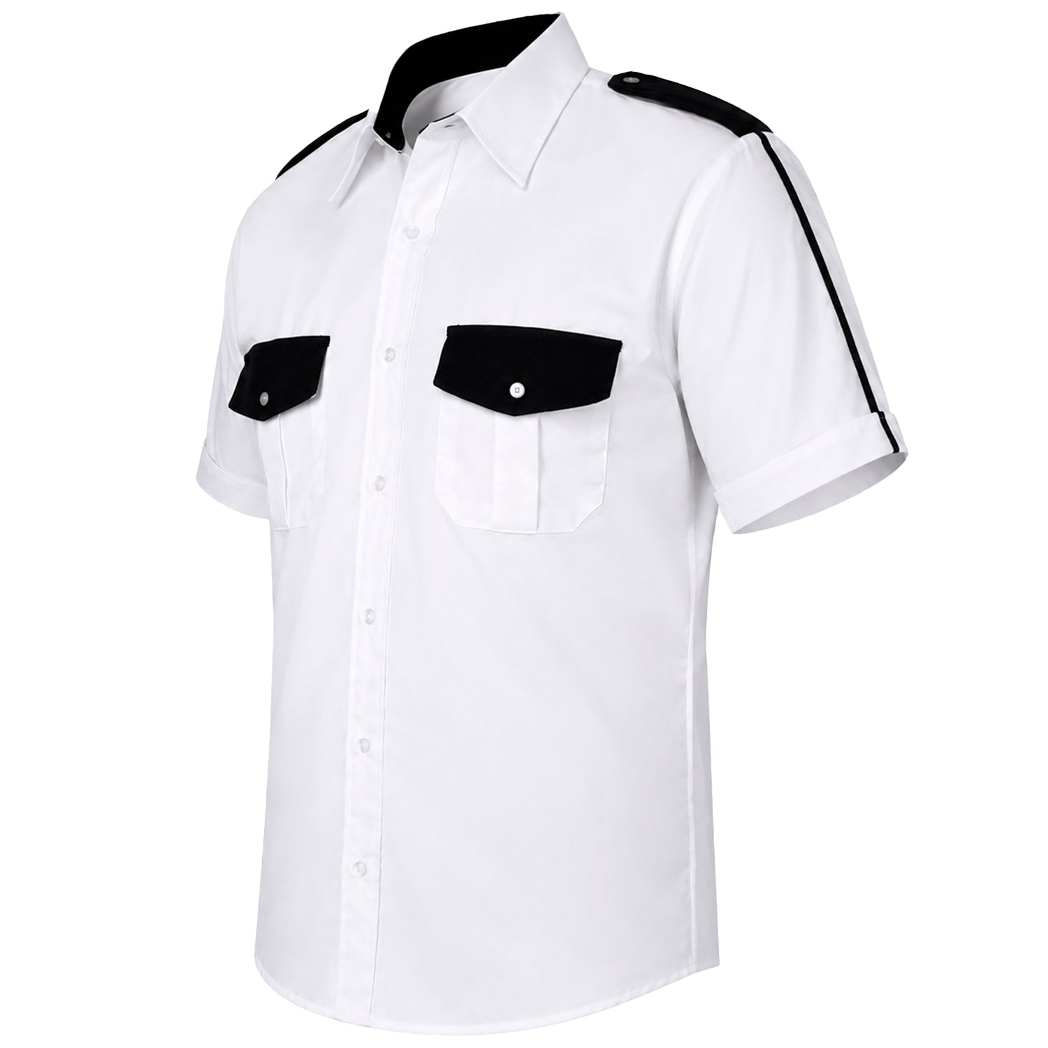 Se muestra camisa manga corta de seguridad privada en vista lateral izquierda, resaltando el ajuste de la prenda y las franjas negras en la manga.