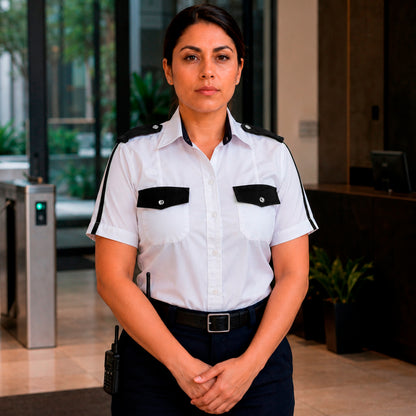 Se muestra modelo femenina portando camisa manga corta de seguridad privada en vista frontal, proyectando una imagen profesional y ordenada.