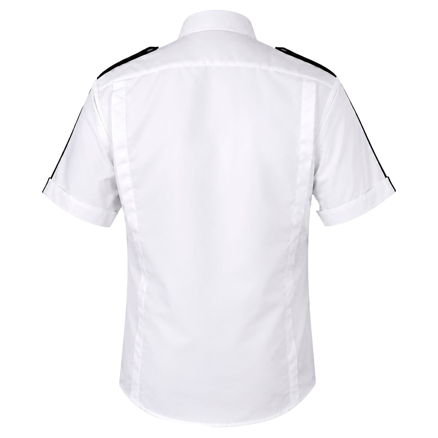 Se muestra camisa manga corta de seguridad privada en vista trasera, permitiendo apreciar su estructura y acabado general.