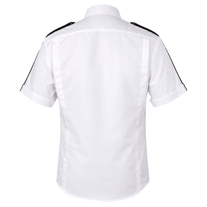 Se muestra camisa manga corta de seguridad privada en vista trasera, permitiendo apreciar su estructura y acabado general.