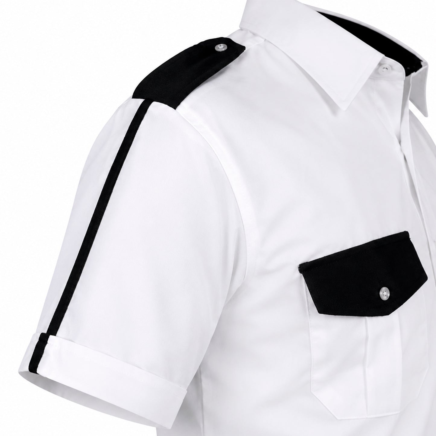 Se muestra camisa manga corta de seguridad privada en foto de perfil, ideal para observar su caída, corte y estilo profesional.