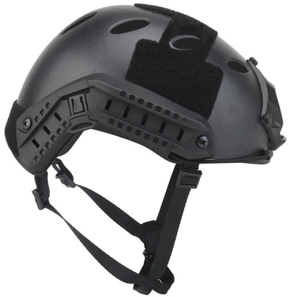 Vista lateral del Casco Táctito Fast de Polímero Ligero Porta Accesorios negro con rieles para accesorios. Ideal para equipamiento de Airsoft.