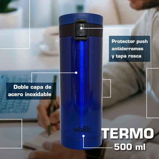 Termo Vaso Boton De Seguridad Acero Inoxidable 500 ml Wallis