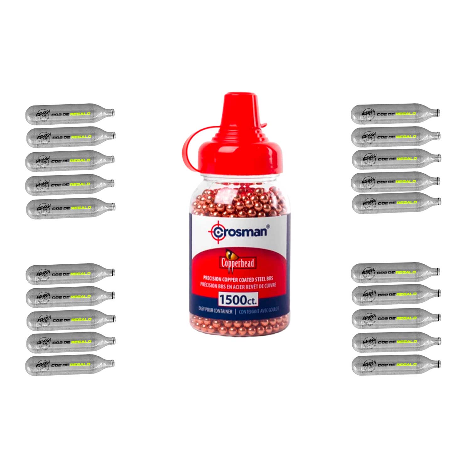 el kit completo de 1500bs Cupperhed y 20 tnauqes de co2 de 12g 