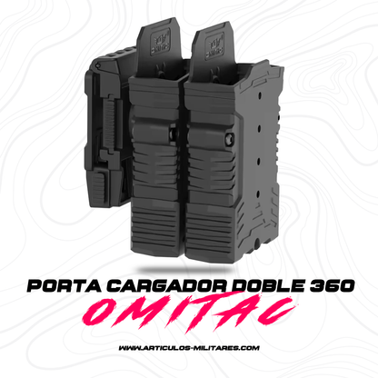 Doble porta cargador Omitac para AR-15 M16 M4 con clip de cinturón 360°, ideal para tiro deportivo y equipos tácticos.