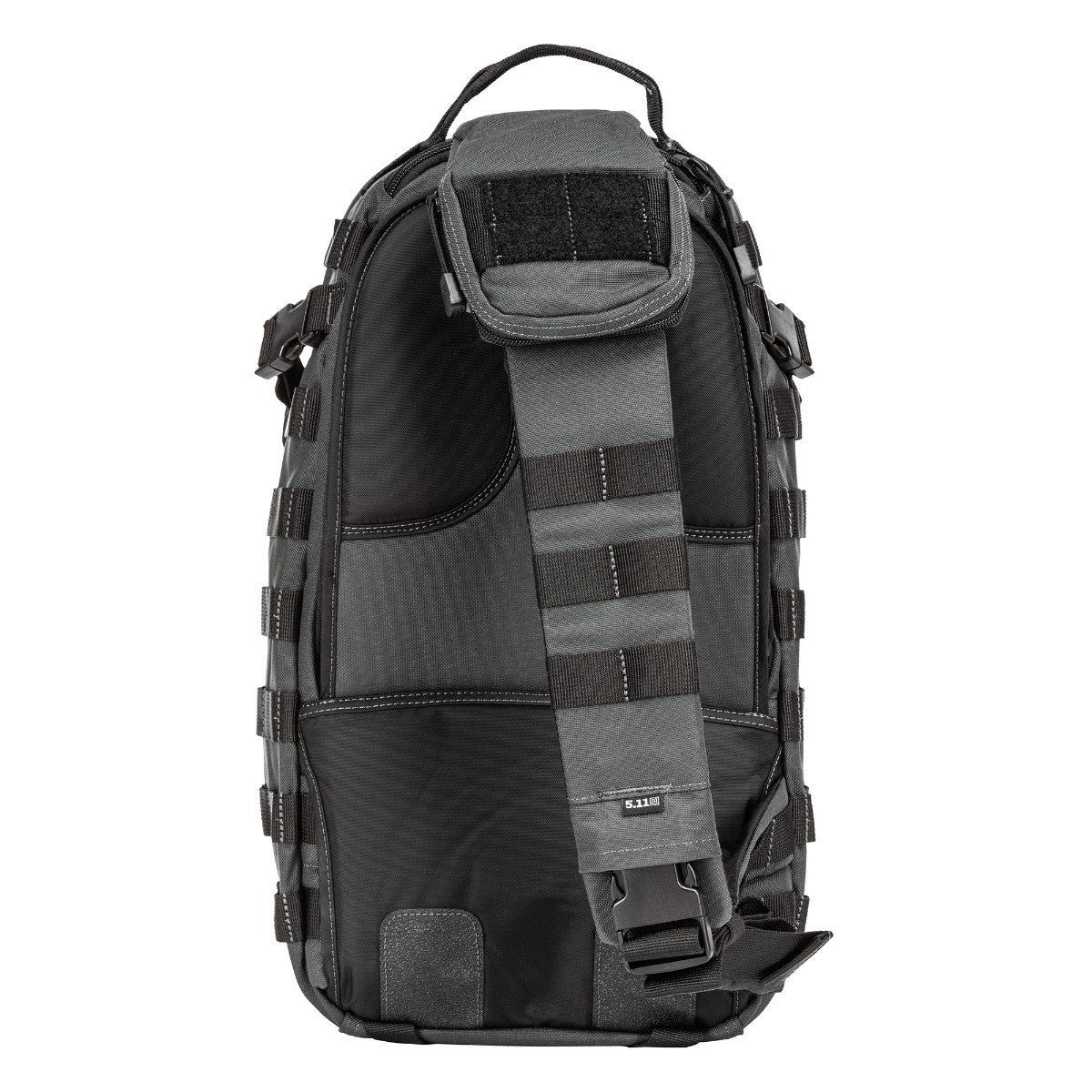 a black and grey backpack on a white background