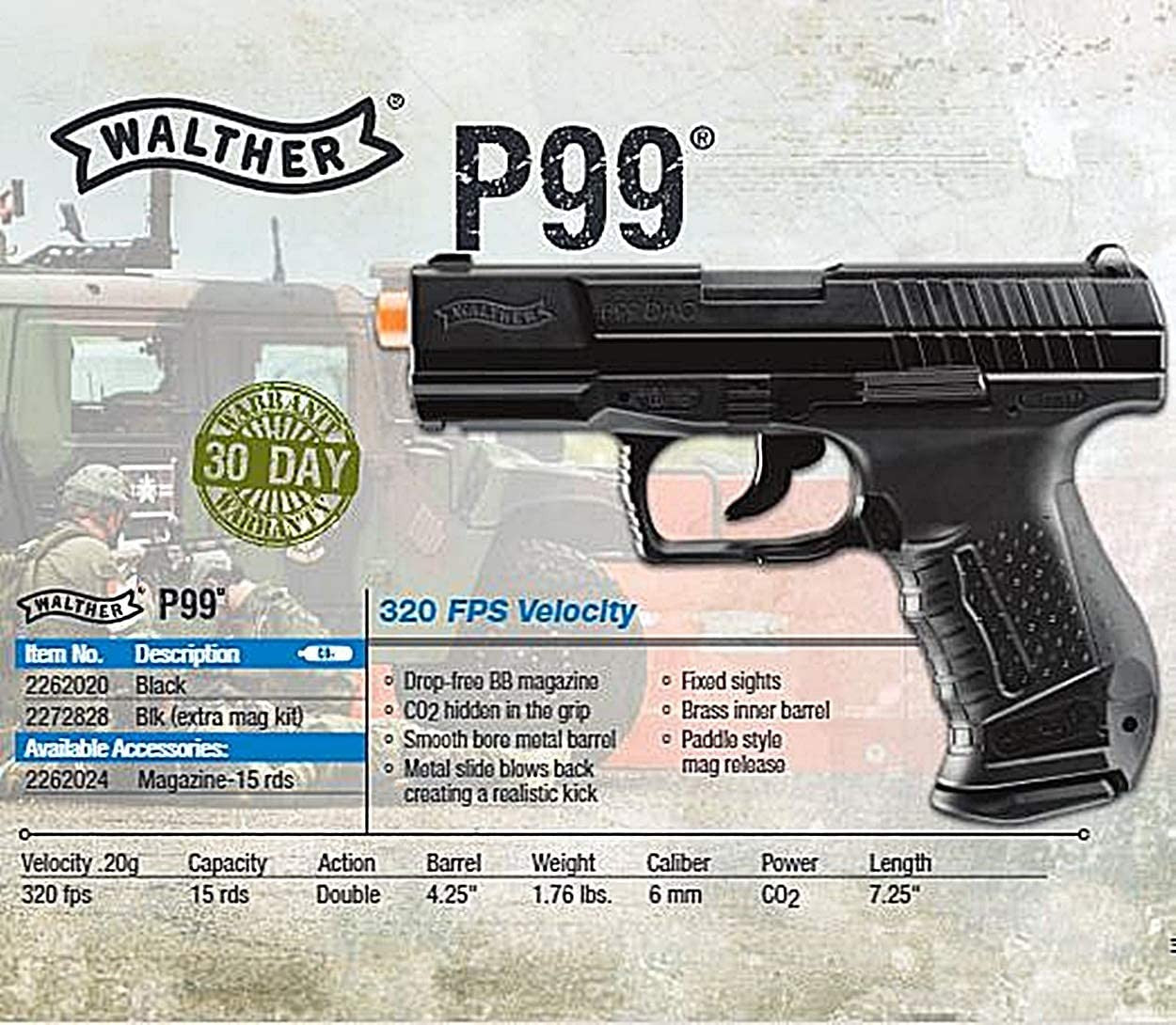 Pistola Walther P99 Blowback Airsoft 6mm BB 320fps