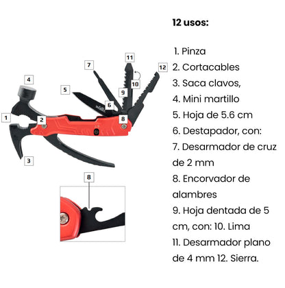 Multiherramienta con 13 usos, mango aluminio rojo con funda Wallis