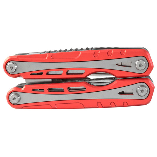 Multiherramienta con 12 usos, mango aluminio rojo con funda
