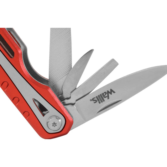Multiherramienta con 12 usos, mango aluminio rojo con funda