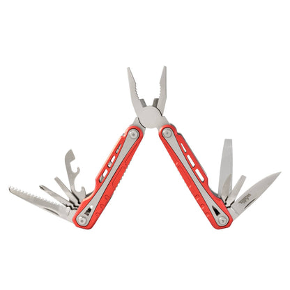 Multiherramienta con 12 usos, mango aluminio rojo con funda Wallis