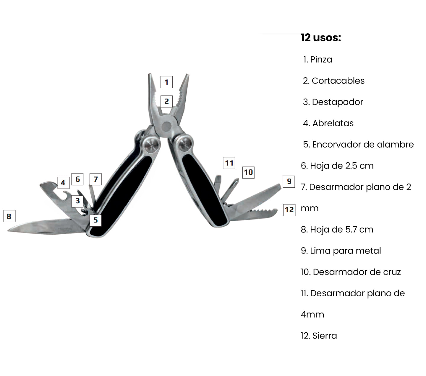 Multiherramienta de 12 usos, 10 cm cerrada, mango metal con PVC negro