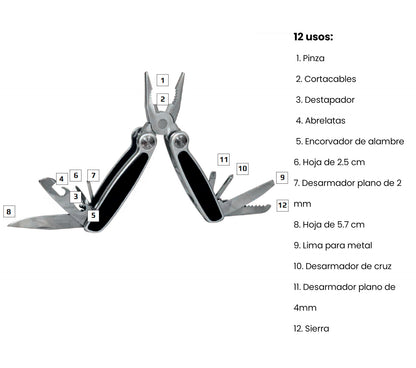 Multiherramienta de 12 usos, 10 cm cerrada, mango metal con PVC negro Wallis