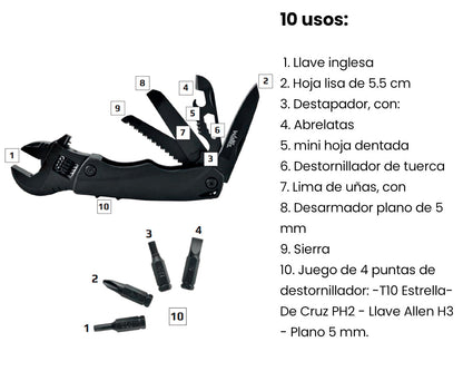 Multiherramienta de 10 usos, con llave inglesa, mango aluminio y funda Wallis