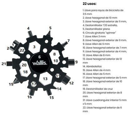 Multiherramienta universal portátil, 22 usos, acero inoxidable negro Wallis