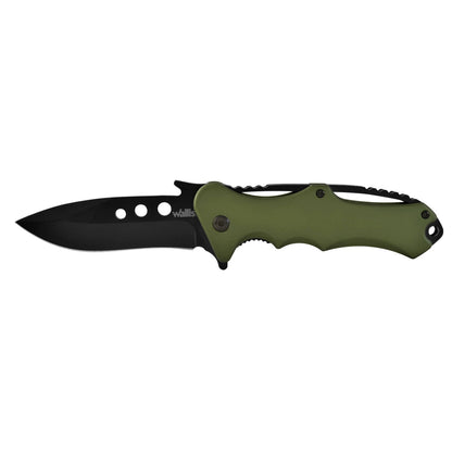 Navaja con mango aluminio verde, hoja negra lisa, clip Wallis