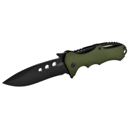 Navaja con mango aluminio verde, hoja negra lisa, clip Wallis