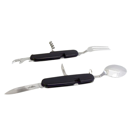 Cubierto con 8 usos, desplegables a 2 piezas, mango PVC negro