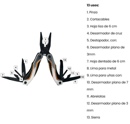 Multiherramienta de 13 usos con mango metal con PVC naranja/negro Wallis