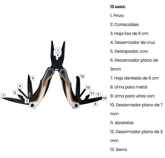 Multiherramienta de 13 usos con mango metal con PVC naranja/negro