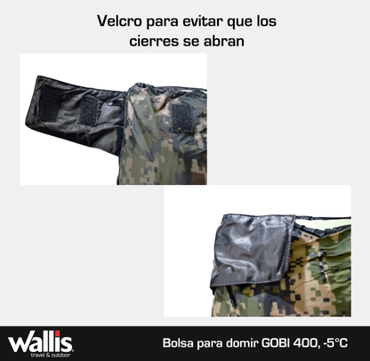 Bolsa para dormir GOBI 400, -5°C, verde camuflaje Wallis