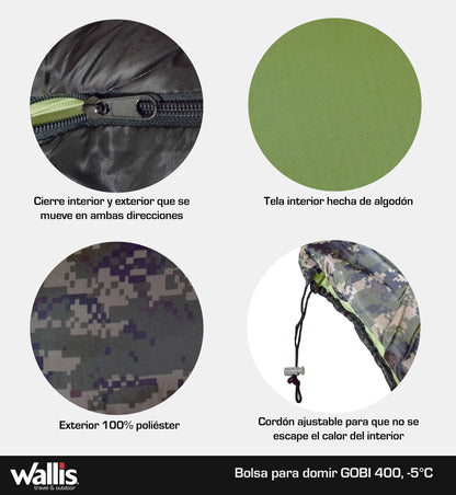 Bolsa para dormir GOBI 400, -5°C, verde camuflaje Wallis