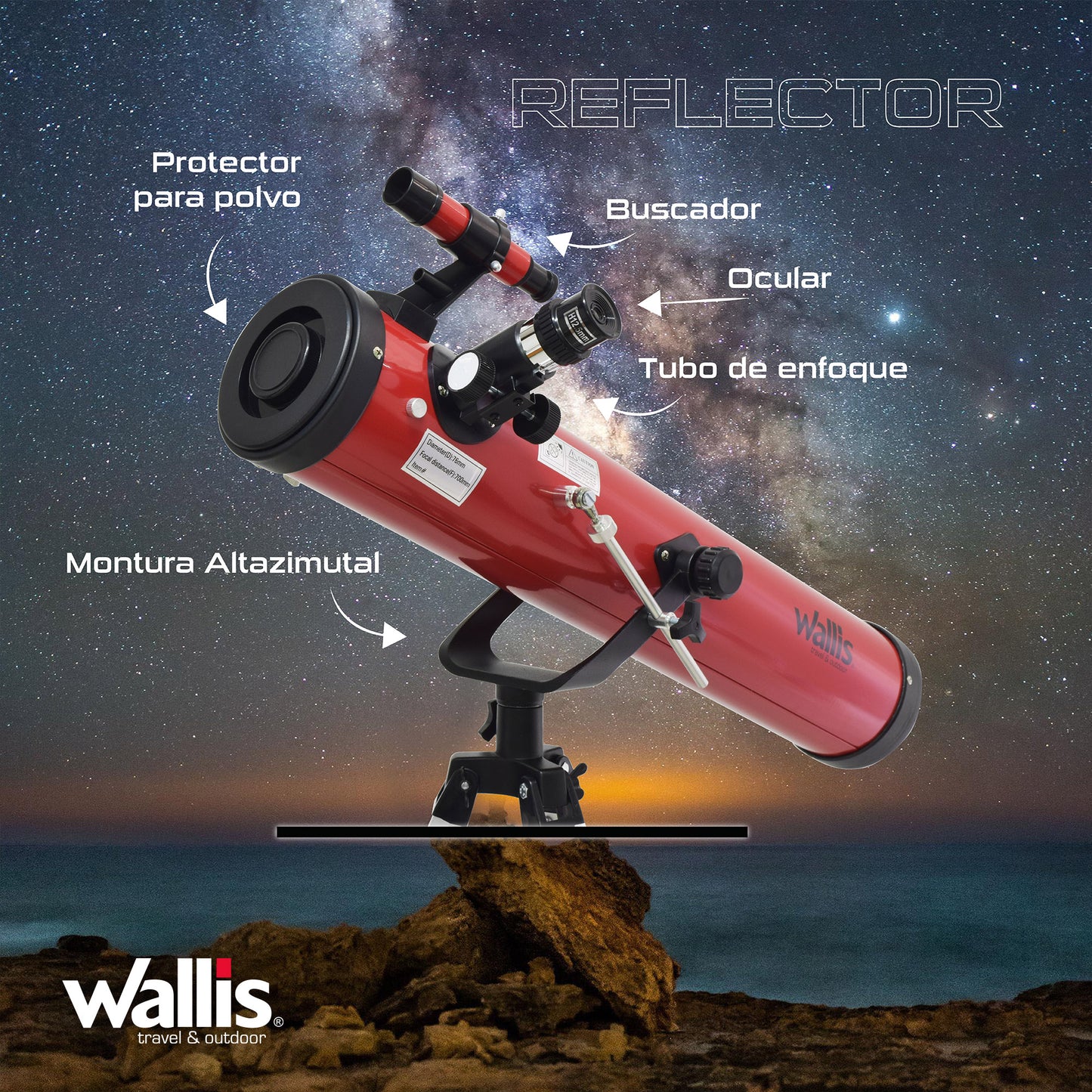 Telescopio Refractor con montura altazimutal, amp. 350 x, 700 mm x 76 mm, rojo